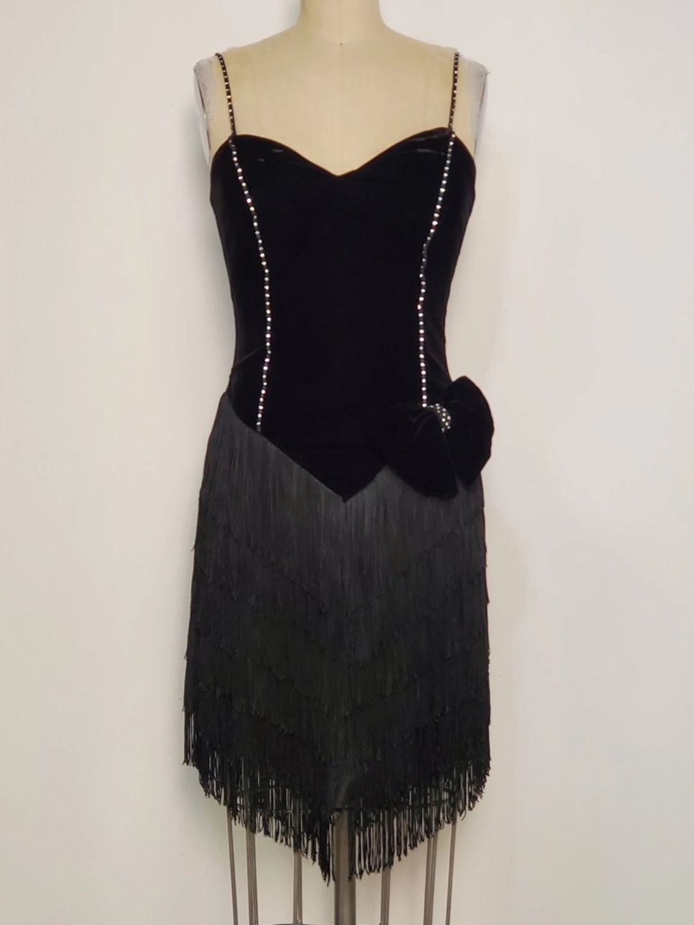 1980's Zum Zum || Black Velvet with Fringe Cocktail Dress Size 6